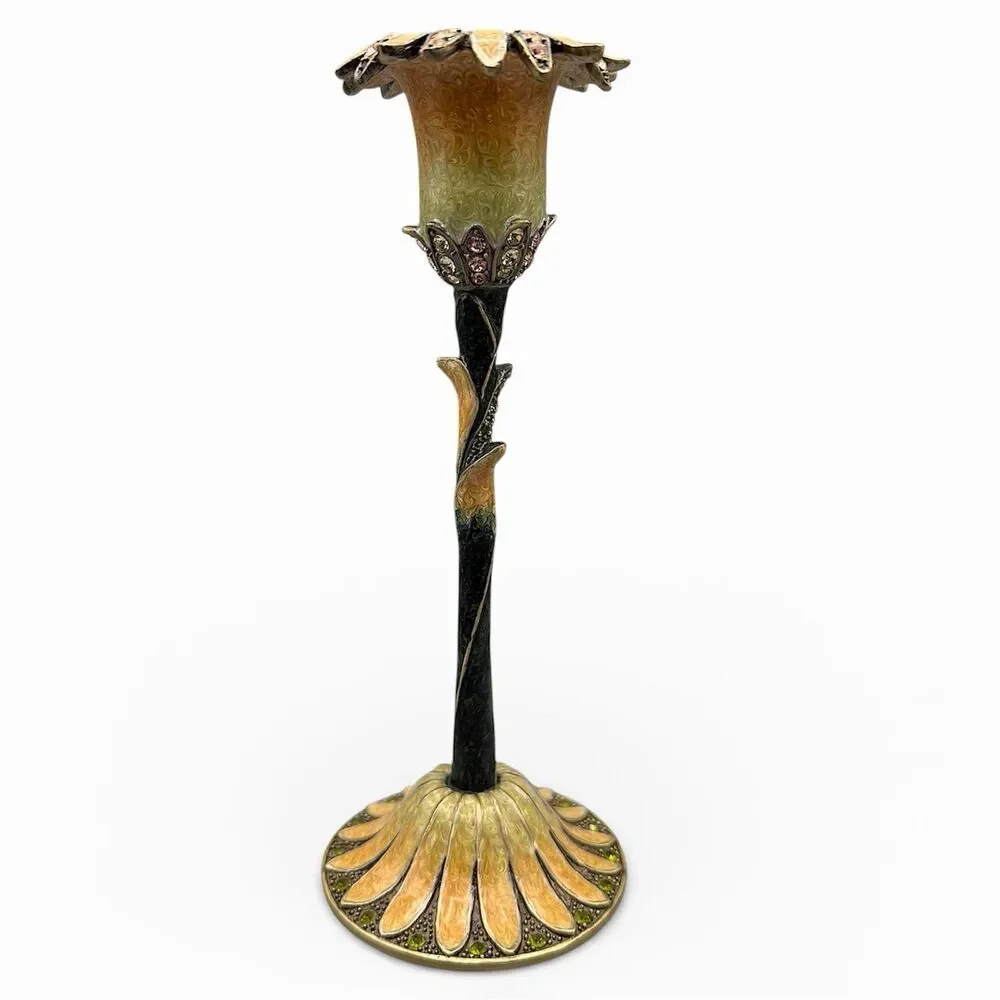 Vintage Jeweled Candle Holder Art Nouveau Floral Candlestick Metal Enamel